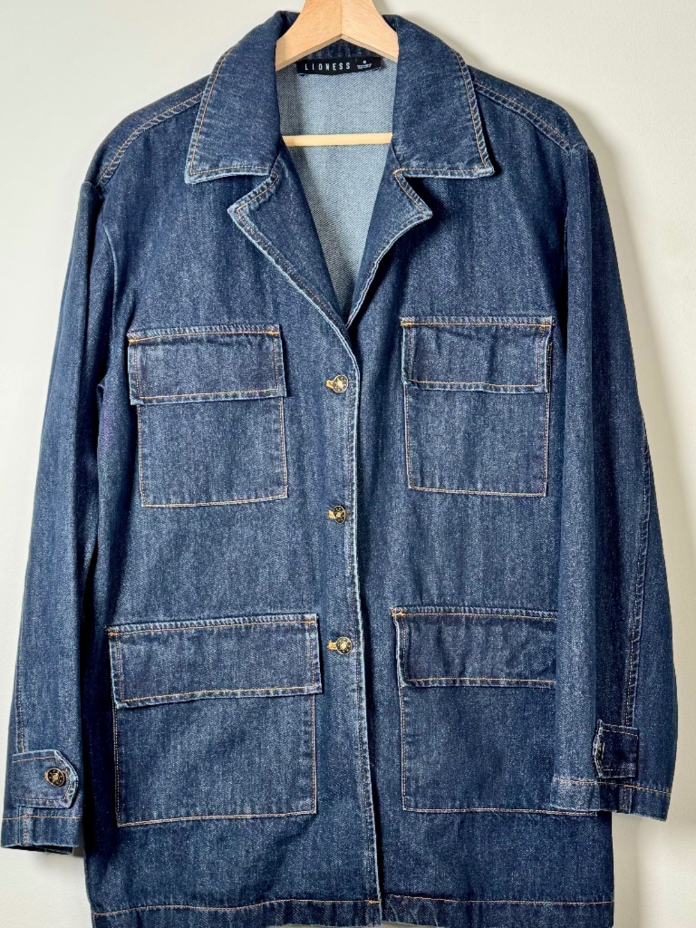 Lioness Oversized Dark Wash Denim Utility Chore Jacket Sz Small